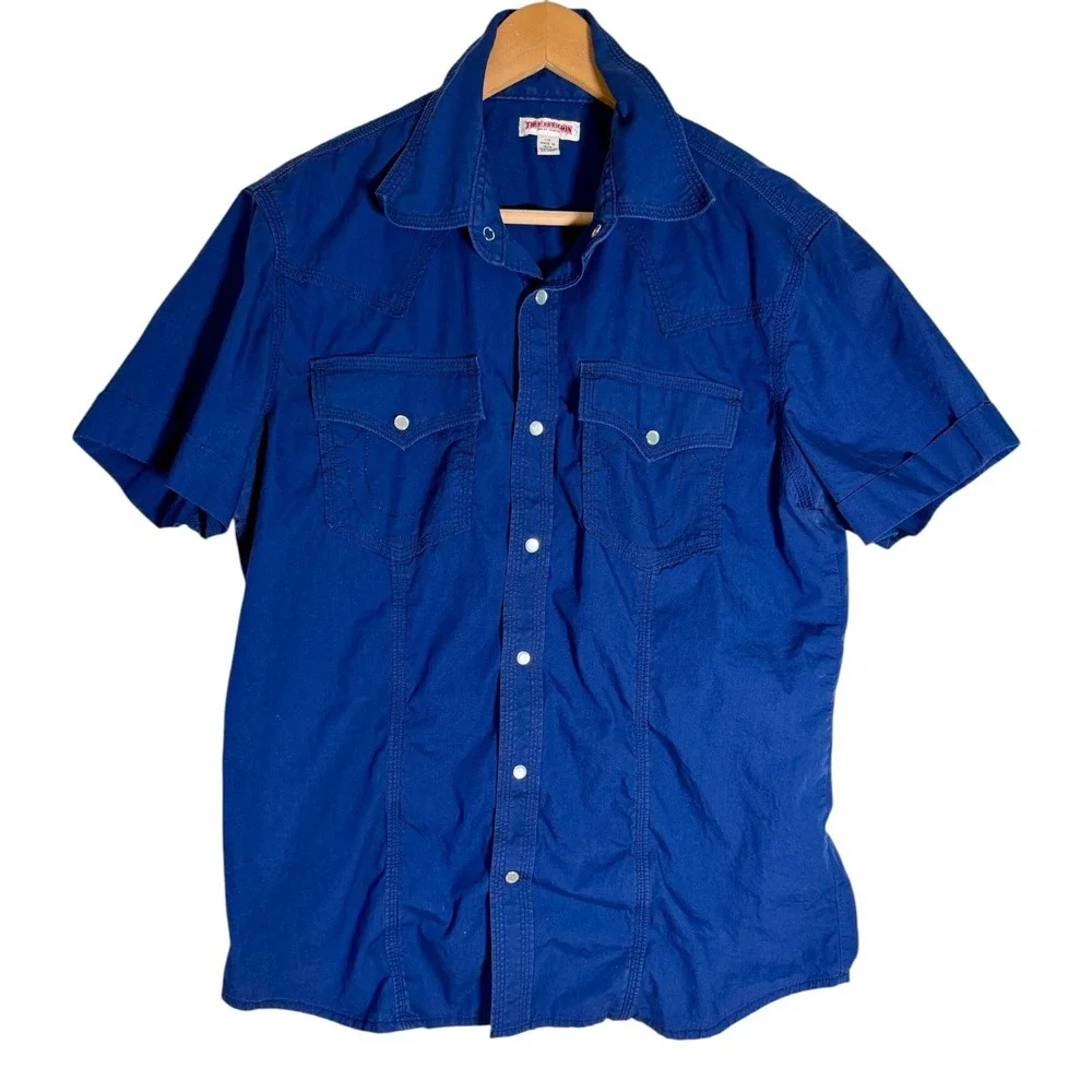 True Religion Men's Short Sleeve Pearl Snap Western Shirt Navy Blue Large